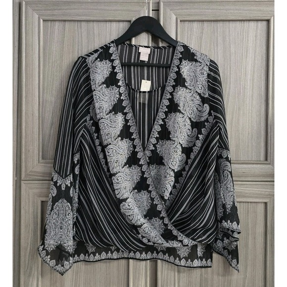 Chico's Tops - NWT Chicos Black Paisley V-Neck Crossover Wrap Layered Blouse Sz 8/10